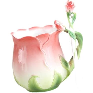 Imagem de Ceramic Coffee Mug Rose Mug Porcelain Cup Morning Cup with Spoon Drinking Cup for Latte Juice Hot Beverage Milk Coffee red(Red)