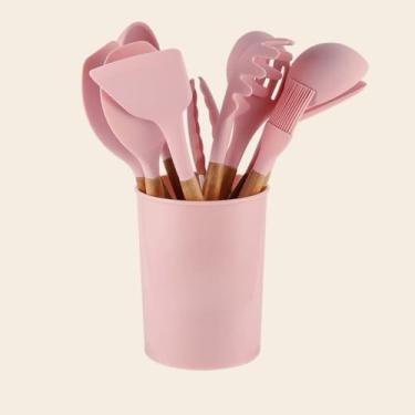 Imagem de Kit UtensíLios de Cozinha Silicone de 12 PeçAs em，Colher de Pau， Custo-BenefíCio，UtensíLios Essenciais (Rosa)