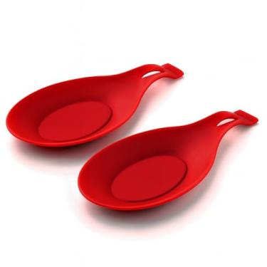 Imagem de Kit 2 Descanso de Talheres em Silicone Vermelho com Apoio e Alça – Antiderrapante, Resistente ao Calor, Ideal para Cozinha e Churrasco
