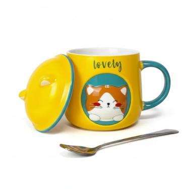 Imagem de Caneca 3D Gatinho Amarela Porcelana Tampa e Colher Café
