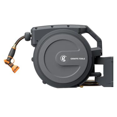 Imagem de Giraffe Tools Carretel retrátil para mangueira de jardim, carretel de mangueira de água montado na parede com suporte giratório de 180 graus, trava de qualquer comprimento, bocal de mangueira de 9