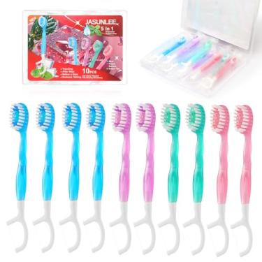 Imagem de JASUNLEE Pacote com 10 mini escovas de dentes descartáveis com pasta de dente, raspador de língua, fio dental, 5 em 1, portátil, pré-colada, escova de dentes para viagem, embrulhada individualmente em