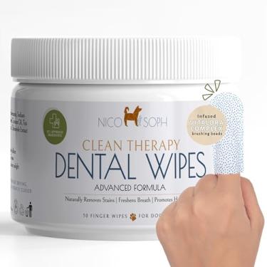 Imagem de NICO SOPH Lenços avançados para escova de dentes para cães e gatos | Toalhetes dentários para animais de estimação | Contas de escovação infundidas removem placa e tártaro | Hálito fresco duradouro |