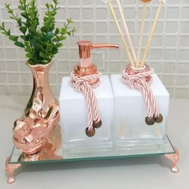 Imagem de Kit Lavabo Cubo Branco Rose Gold com Vaso, Pingente Passarinho e Difusor(Dourado,Com Bandeja)