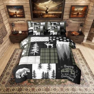 Imagem de Erosebridal Conjunto de cama casal rústico com urso, cabana de caça, veado, casa de fazenda, com lençóis, verde e preto, quadriculado, patchwork, para trailer, trailer, acampamento