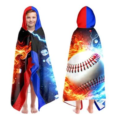 Imagem de Toalhas de praia grandes com capuz com estampa de beisebol para crianças de 7 a 10 anos, toalhas de banho com capuz para crianças adolescentes 89 cm x 152 cm de secagem rápida azul escuro toalha