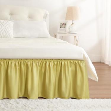 Imagem de RIMELA Saia para cama queen size verde champanhe 38 cm, saia elástica envolvente, babados, para base de cama ajustável, tecido macio e durável, lavável na máquina, fácil de instalar, saias de cama