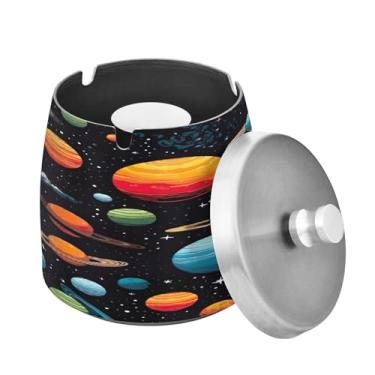 Imagem de Blueangle Cinzeiro Galaxy Planets com tampa para cigarros, à prova de vento/chuva, aço inoxidável, sem fumaça, inodoro, cinzeiro para uso interno ou externo (495)