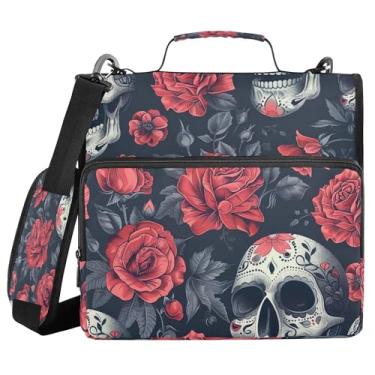 Imagem de SEHANY Fichário com zíper de caveira e flor com alça de ombro, capacidade para 500 folhas, vários bolsos, fichário com 3 anéis e zíper de 3 anéis