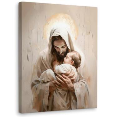 Imagem de WODMIS Decoração de parede Jesus Cristã Arte em tela emoldurada, Jesus religioso segurando bebê Bíblia decoração de tela decorações de casa para quarto sala de estar igreja decoração de parede 28x35