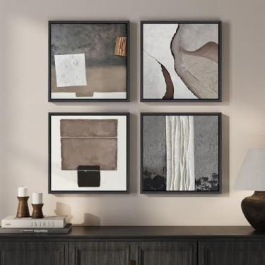 Imagem de Arte de parede abstrata neutra emoldurada para sala de estar, arte moderna de 4 peças em tons de marrom bege para paredes, arte de parede em tela quadrada minimalista para quarto, escritório, corredor