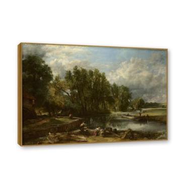 Imagem de Moldura de teca. Arte em tela romantismo estilo constável, (sem título 43), pintura de paisagem inglesa emoldurada, decoração de parede elegante para sala de estar escritório. 50 x 70 cm - 19,6 x 27,5