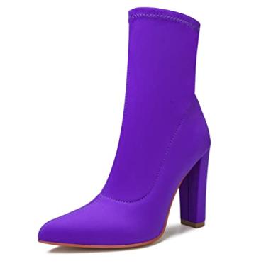 Imagem de sexrosly Bota feminina de salto alto, bico fino, cano médio, cano baixo, salto grosso, elástica, moderna, sexy, para casamento, Roxa, 35