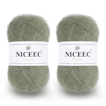 Imagem de NICEEC 2 novelos de fio de mohair de pelo longo, fofo e felpudo, luxuoso e fino, fio de mistura de lã para crochê e tricô, total de 79,9 g/788 m - oliva