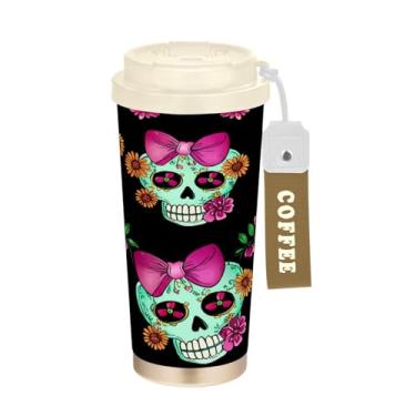 Imagem de STAYTOP Caneca de café de viagem com isolamento de caveira fofa de 500 ml, copo de café reutilizável de aço inoxidável com tampa flip à prova de vazamento à prova de vazamento para escritório, escola