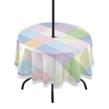 Imagem de CEBUGI Toalha de mesa redonda para uso externo, colorido, quadriculado, impermeável, com furo Umberlla, capa de mesa lavável para pátio, cozinha, sala de jantar, 152 cm