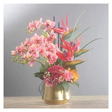 Imagem de LMJYU Flores artificiais com vaso de cerâmica, orquídeas artificiais, pássaros, arranjos de flores artificiais para decoração de casa