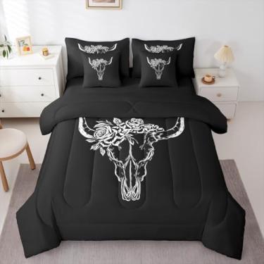 Imagem de Erosebridal Jogo de cama solteiro boêmio de 7 peças com estampa de folhas de touro e lençol com estampa de folhas de touro, preto e branco, para adolescentes e mulheres