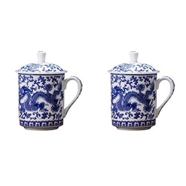 Imagem de YYBOES Xícara de chá chinesa 2 conjuntos de xícara de chá de porcelana azul e branca chinesa requintada xícara de chá de celadon copo de água com alça e tampa caneca de café de cerâmica
