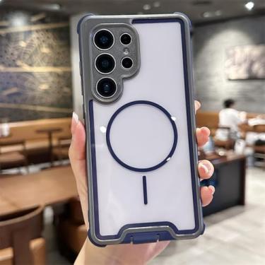 Imagem de HJZSZX Capa transparente 2 em 1 à prova de choque com carregamento sem fio magnético e moldura contrastante para Galaxy S23 PLUS (para Galaxy S23 PLUS/cinza escuro)