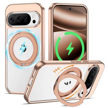 Imagem de AmoraAqua Compatível com capa transparente para Google Pixel 9 Pro XL/Google Pixel 10 Pro XL de 6,8 polegadas com suporte magnético de 360° [compatível com Mag-Safe], capa de telefone revestida, ouro