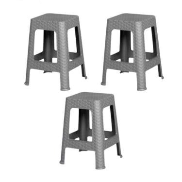 Imagem de Kit 3 Banqueta Quadrada Rattan Plastico Reforçado Banco Multiuso Empilhavel Plastico Resistente Casa Bar Restaurante(Cinza)