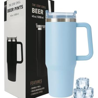 Imagem de Copo Térmico Grande 1200ml de Aço Inoxidável com Alça, Parede Dupla, Tampa com Canudo, Isolamento Térmico, Cilíndrico, Moderno azul bebe liso