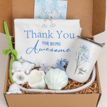 Imagem de pengtai Presente de agradecimento para mulheres, conjunto de presente de agradecimento com sacola, copo de aço inoxidável, vela, bomba de banho, cartão, decoração de lírio do vale e cesta para chefe