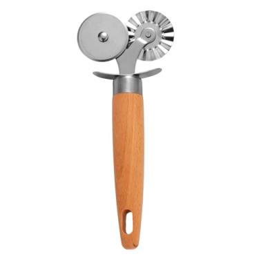 Imagem de Dupla Roda Cortador Massa, Cortador Pizza Profissional com Cabo de Madeira Utensílio Cozinha em Aço Inoxidável para Espaguete Pizza Bolinho Biscoito