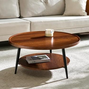 Imagem de Saint Mossi Mesa de centro moderna para sala de estar, mesa de centro redonda de madeira de meados do século, mesa central de 2 camadas para espaços pequenos, nogueira, L89 x A 38 cm