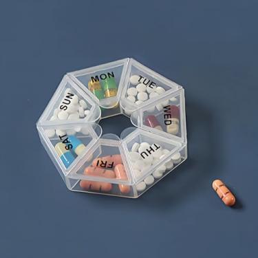 Imagem de 1 organizador de comprimidos semanal de 7 dias com tampa giratória, estojo redondo portátil para armazenamento diário de medicamentos, branco
