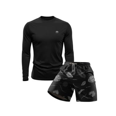 Imagem de Conjunto Masculino Short Estampado Praia Verão e Camiseta Dry Manga Longa Proteção UV-Masculino