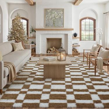 Imagem de HUGEAR Tapete quadriculado 15 x 23 cm para sala de estar, marrom e branco, moderno, lavável, tapete de área grande, supermacio, tapete felpudo fofo aspirável para quarto, decoração de casa