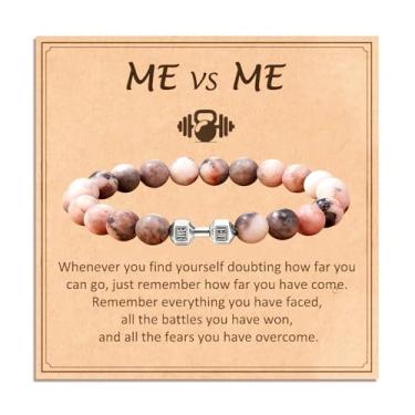 Imagem de LANWLOSI Pulseira feminina com pingente de haltere rosa com contas de pedra natural e peso na moda cinta elástica para exercícios físicos - joias de ginástica presentes para amantes de academia, Large