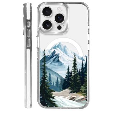 Imagem de MQJCYB Capa magnética para iPhone 15 Pro com design em base transparente, compatível com MagSafe, capa protetora fina de TPU macio para celular para mulheres e meninas - montanhas árvore ao ar livre