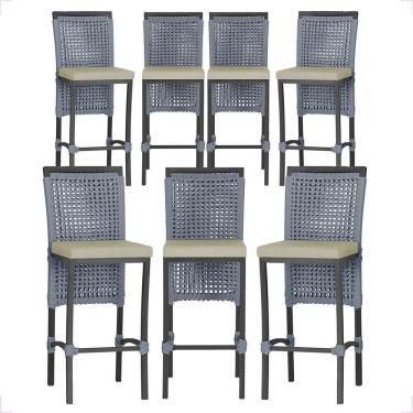 Imagem de 07 Banquetas Em Alumínio Roma Preta Corda Náutica Tecido 7 Prata