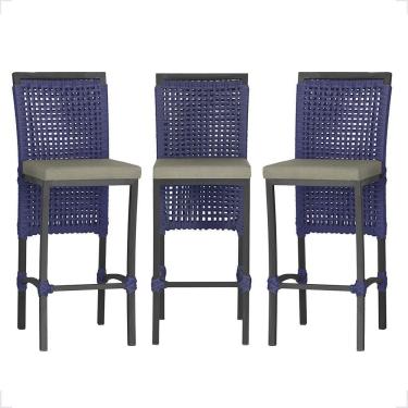 Imagem de 3 Banqueta Em Alumínio Roma Preta Corda Náutica Tecido 8 Azul