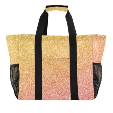 Imagem de ODAWA Bolsa de praia grande portátil para mãe, bolsa de mão à prova d'água à prova de areia dourada rosa gradiente