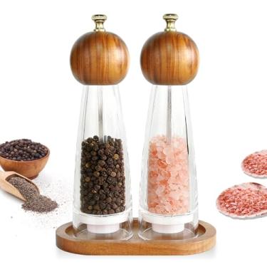 Imagem de Conjunto de moedor de sal e pimenta de madeira de acácia e acrílico com base para cozinha e jantar – Moinhos recarregáveis de 20 cm com núcleo de cerâmica, grossura ajustável, presente para