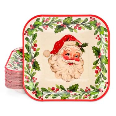 Imagem de Whaline Pratos quadrados de papel de Natal, 40 peças, vintage, padrão de Papai Noel, pratos de festa, guirlanda de Natal, jantar, utensílios de mesa descartáveis, suprimentos de festa para decoração de mesa de Natal, casa, cozinha, 22,6 cm