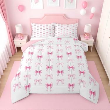 Imagem de Erosebridal Conjunto de edredom King com laço rosa para meninas | Conjunto de cama com laço de fita rosa Kawaii, gravata borboleta fofa, decoração de quarto, 2 fronhas
