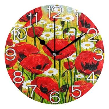 Imagem de GAIGEO Relógio de parede decorativo floral flor vermelha analógico relógio de cozinha bonito operado por bateria, decoração de parede vintage sala de estar, 25 cm, ponteiros pretos