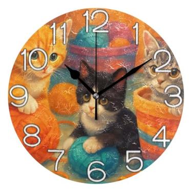 Imagem de GAIGEO Relógio de parede analógico decorativo operado por bateria relógio de sala de aula, arte de parede boho, decoração de casa, desenho animado gato preto cinza laranja, 25 cm, ponteiros dourados