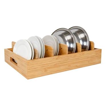 Imagem de Organizador de tampa de recipiente de armazenamento de alimentos, rack de madeira de bambu com 5 divisórias ajustáveis para organização de armário de cozinha