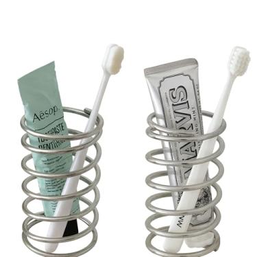 Imagem de Pacote com 2 porta-escovas de dentes e pasta de dente – Rack de armazenamento de bancada de metal com design espiral para banheiro, cozinha, mesa de jantar – Suporte de talheres moderno para garfos