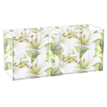 Imagem de TSENQUE Porta-canetas decorativo personalizado para mesa, lírio branco, arte floral, artesanato, copo de acrílico para canetas