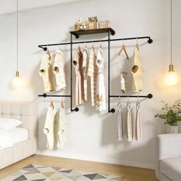 Imagem de Merapi Suporte para roupas de tubo industrial, suporte de parede resistente com prateleira de madeira, haste dupla para pendurar no armário, lavanderia e loja de varejo (preto)