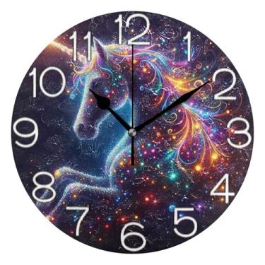 Imagem de GAIGEO Relógio de parede analógico decorativo redondo sem tique-taque silencioso relógio de sala de aula, decoração de sala de estar, arte moderna, céu colorido, unicórnio, 25 cm, ponteiros pretos