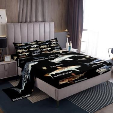 Imagem de Erosebridal Jogo de lençol casal com tubarão, animais de tubarão, vida marinha do oceano, moderno, simples, preto, lençol com elástico para crianças, meninos, meninas, tema de pesca e caça
