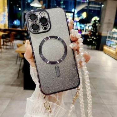 Imagem de Capa para Samsung Galaxy S24 FE S25 S23 Ultra S21 S20 S22 Plus, com cordão magnético e pérola, alça transversal, capa com glitter, preta, para A35